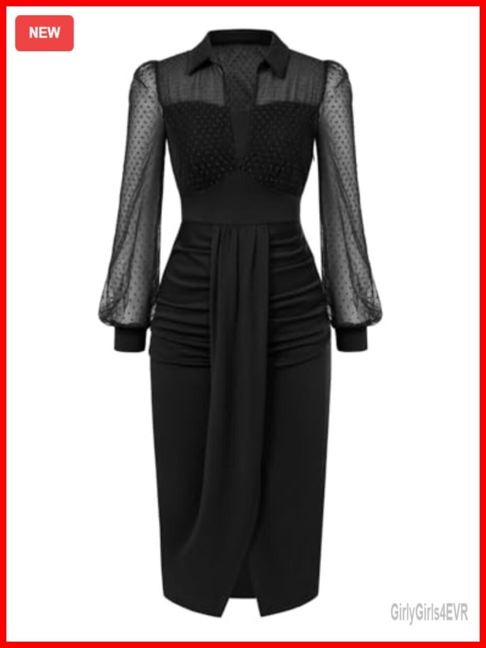 Vintage Ruched Mesh Long Sleeve Dress with Puff Sleeves